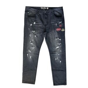 BORN FLY Distressed Patch Jeans Men Size 38 Dark Wash Streetwear Denim Hip Hop